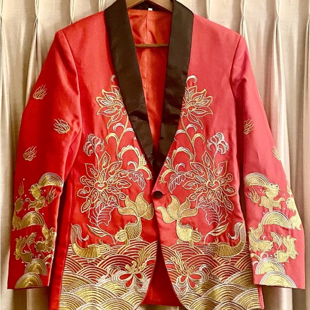Elegant Red Blazer with Stunning Golden Embroidered Details